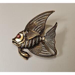 Vintage Fish Damascene Handmade Made in Spain Mixed Metal Gold Silver Brooch